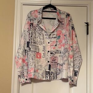 Floral and Script Print Button-Up Shirt